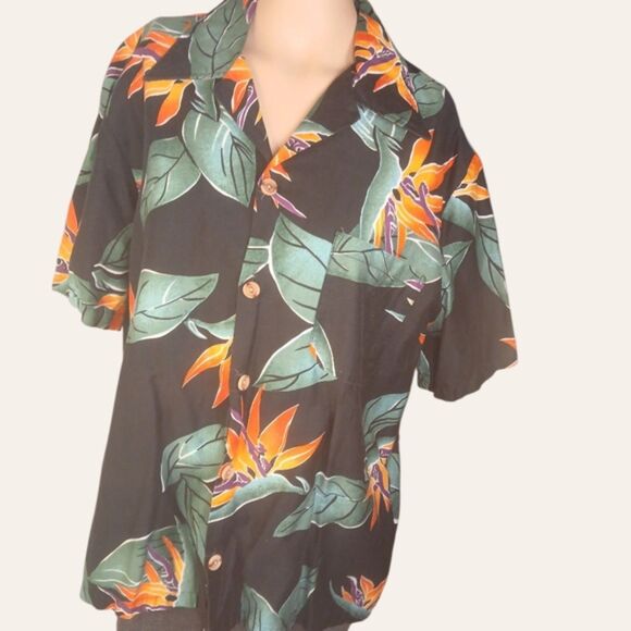 Hawaiian Sunset Black Tropical Bird of Paradise Shirt - Picture 1 of 3